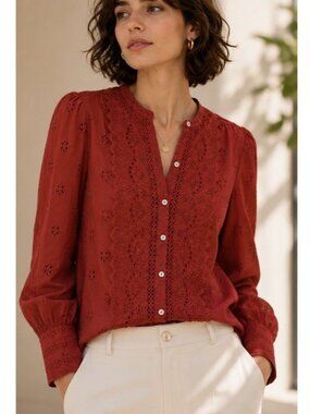 INDUSTRY Eyelet Button Up Blouse Top Peasant Cottage Victorian Career Office MED